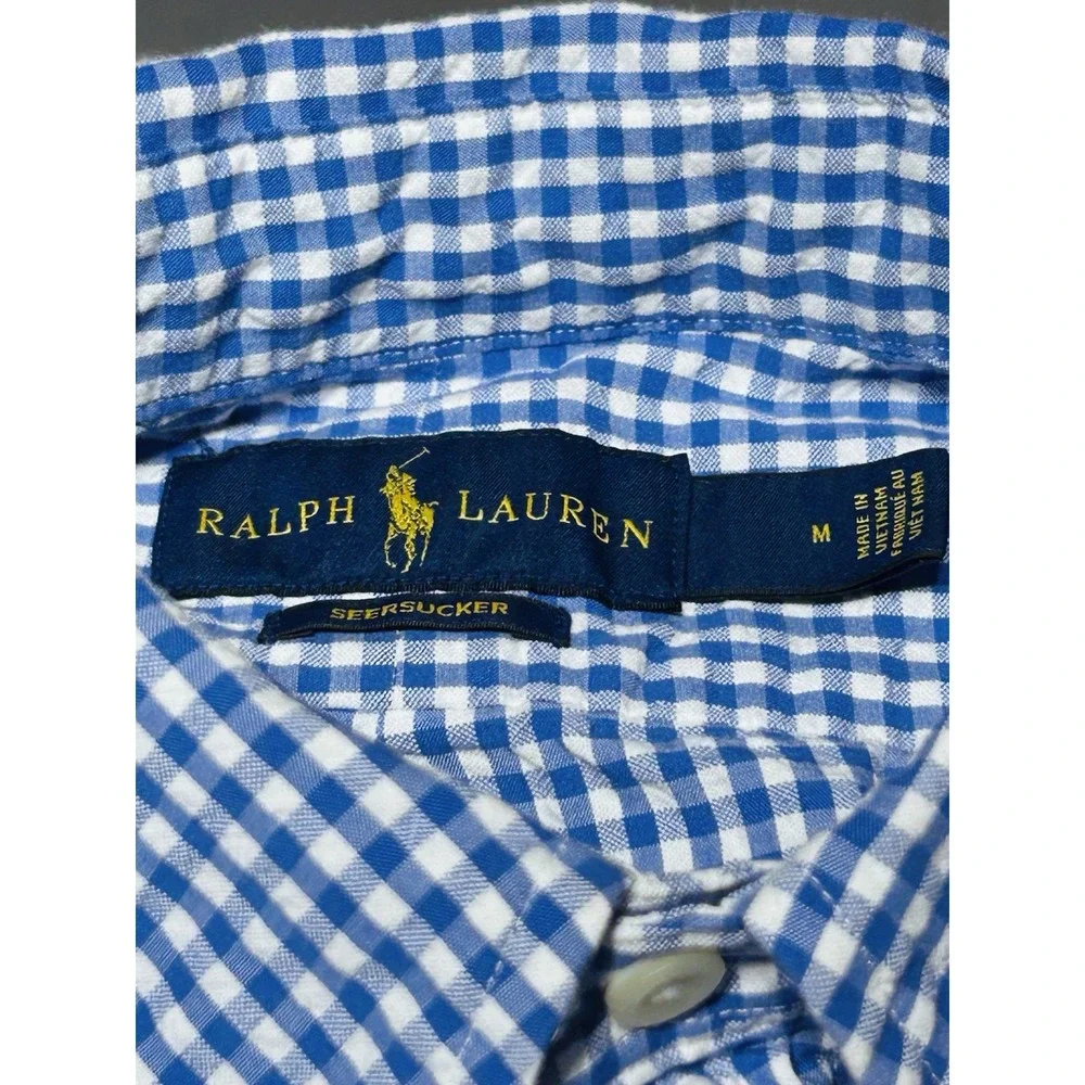 Ralph Lauren Men's M Blue White Cotton Gingham Seersucker Short Sleeve Perfect